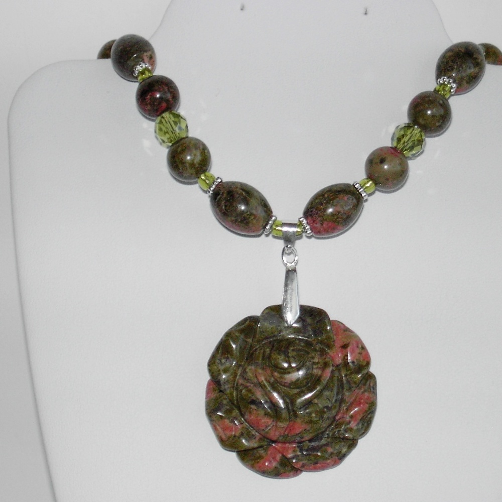 Natural Unakite silver plated 19" necklace (#239)
